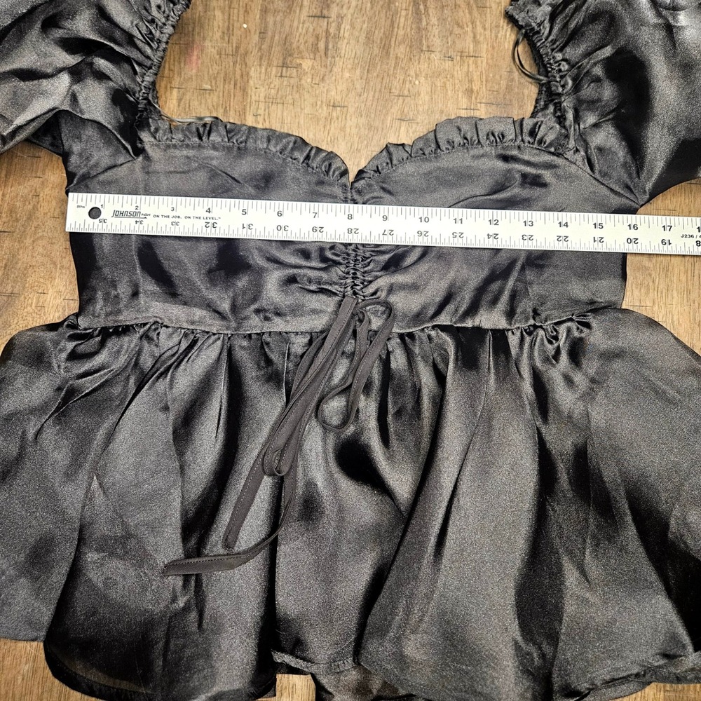 MABLE Black Organza Puff Sleeve Peplum Babydoll Top Smocked Back NWOT Med - Picture 4 of 9